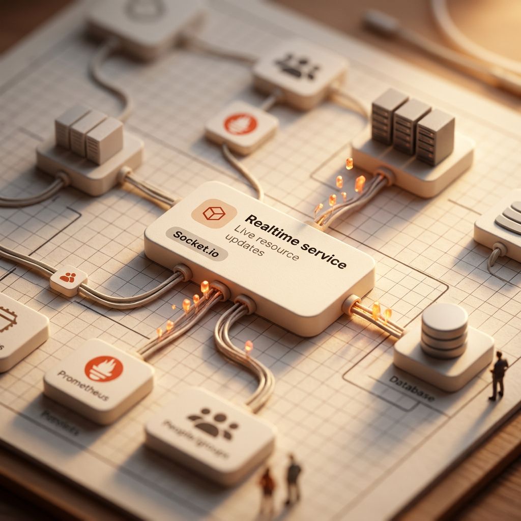 Crisp close-up of a realtime service connected to systems, data and teams.